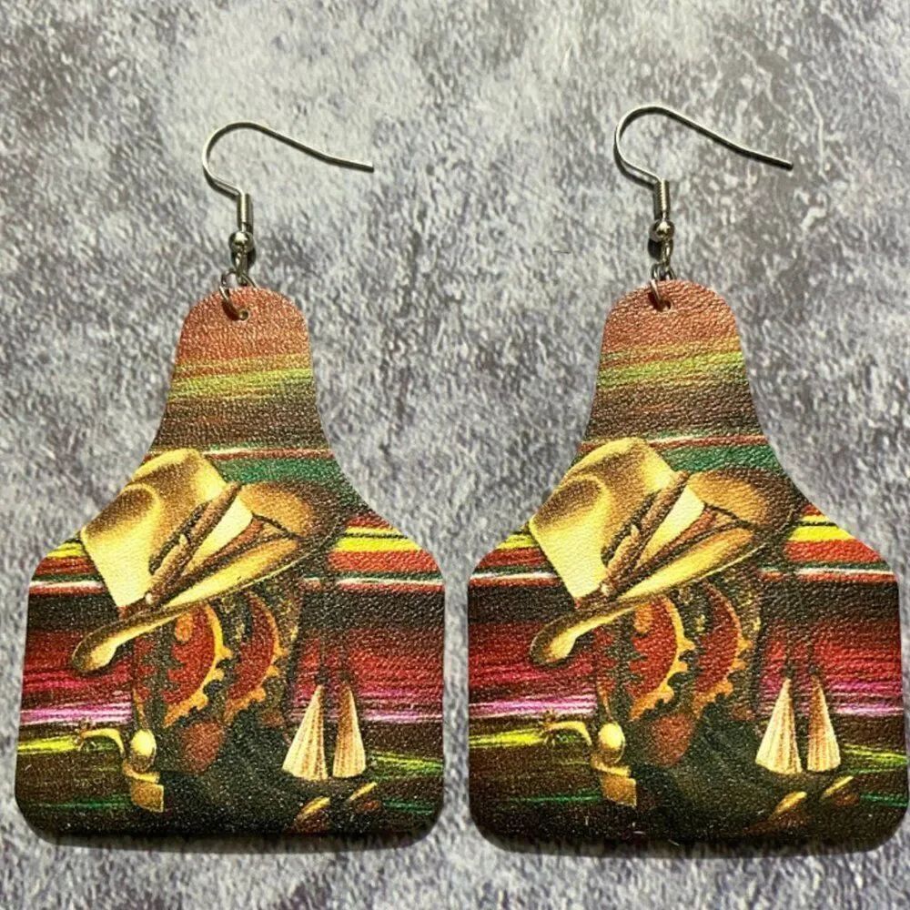 3For$20 Western Retro Multi Color Cow Tag Bohemian Earrings
